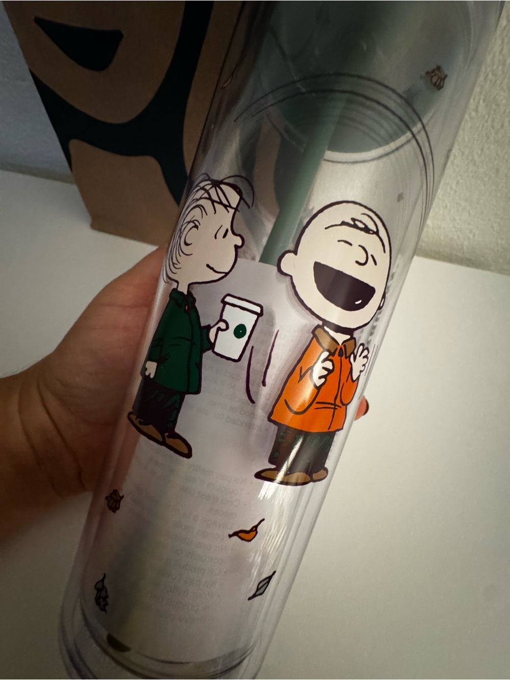 Starbucks Clear Peanuts Fall Tumbler with Green Lid and Orange Leaf Accents - Picture 3 of 5